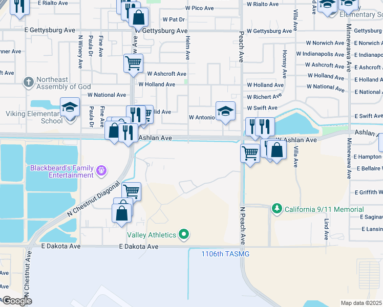 map of restaurants, bars, coffee shops, grocery stores, and more near 5098 East Ashlan Avenue in Fresno