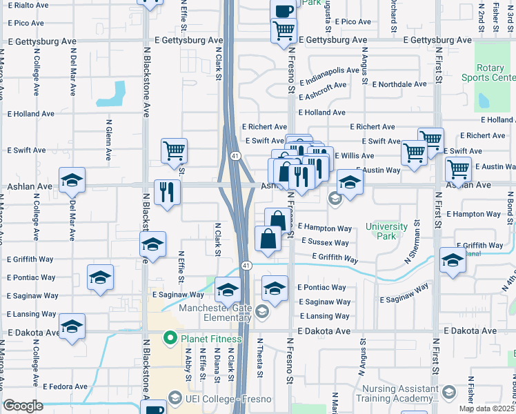 map of restaurants, bars, coffee shops, grocery stores, and more near 2324 East Ashlan Avenue in Fresno