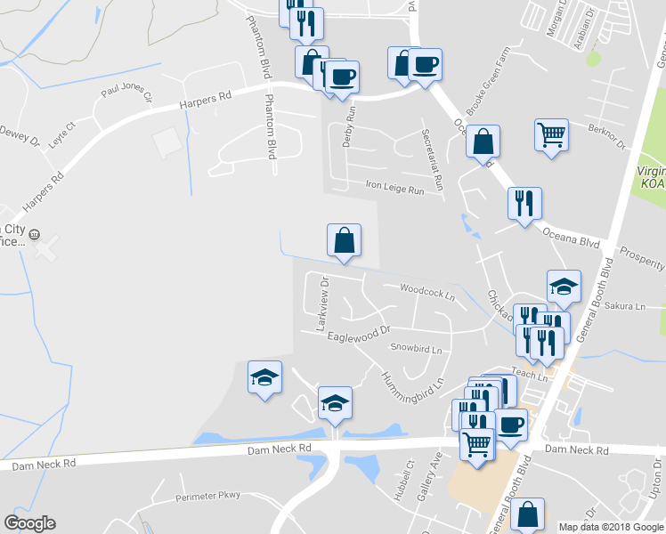 map of restaurants, bars, coffee shops, grocery stores, and more near 1328 Crane Crescent in Virginia Beach
