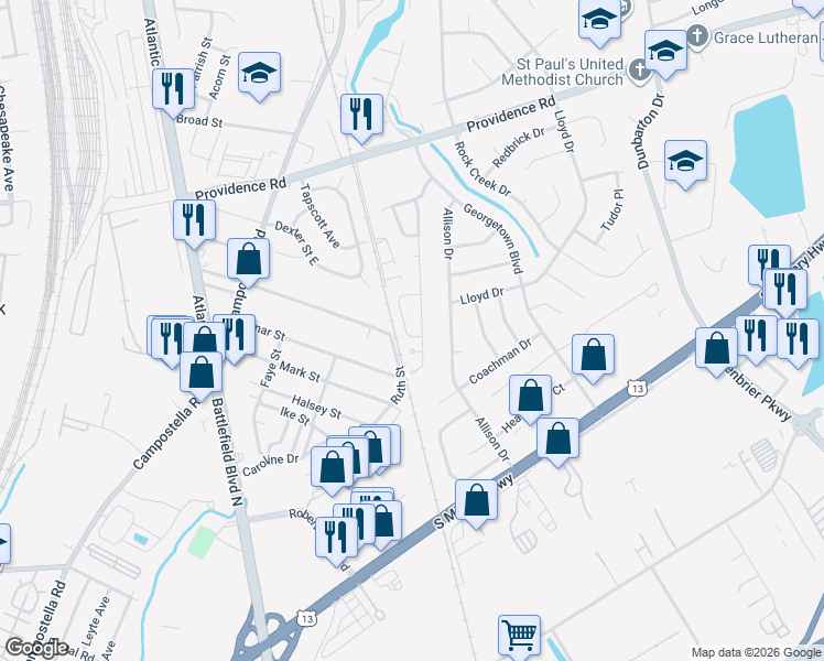 map of restaurants, bars, coffee shops, grocery stores, and more near 2134 Holly Berry Lane in Chesapeake