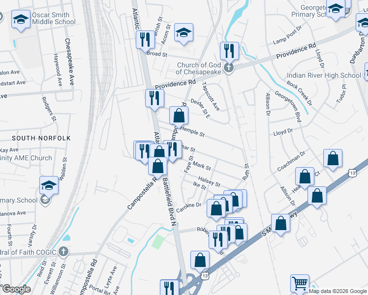 map of restaurants, bars, coffee shops, grocery stores, and more near 2605 Omar Street in Chesapeake
