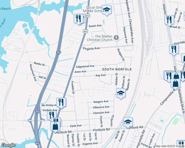 map of restaurants, bars, coffee shops, grocery stores, and more near 1215 Anne Avenue in Chesapeake