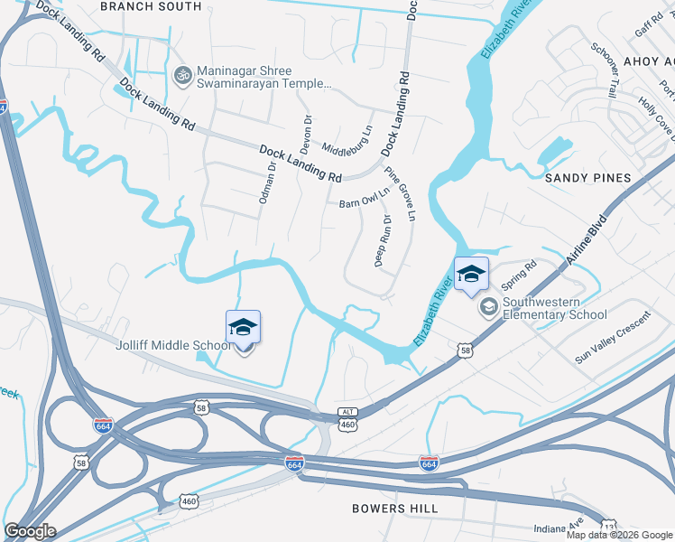 map of restaurants, bars, coffee shops, grocery stores, and more near 1515 Burrowin Drive in Chesapeake