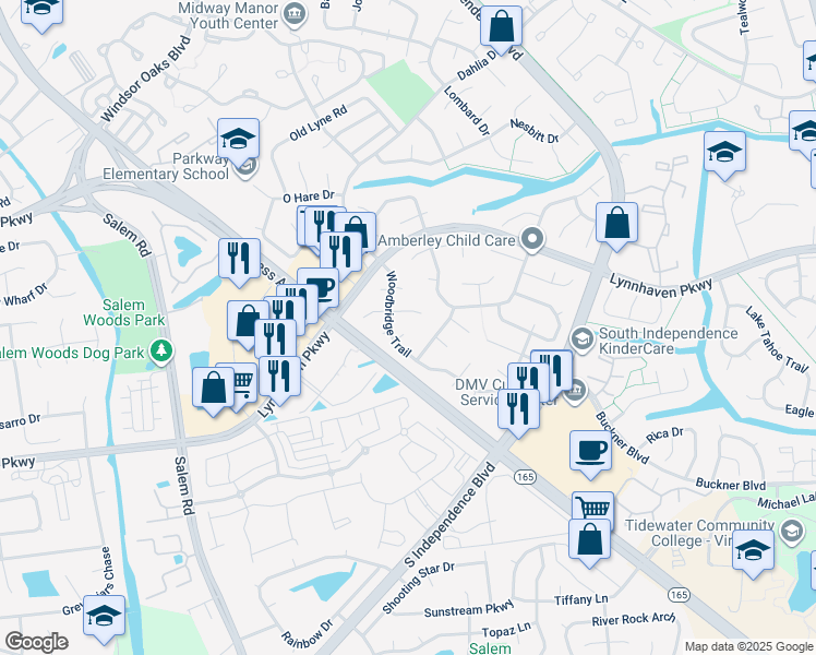 map of restaurants, bars, coffee shops, grocery stores, and more near 1404 Waterbury Place in Virginia Beach