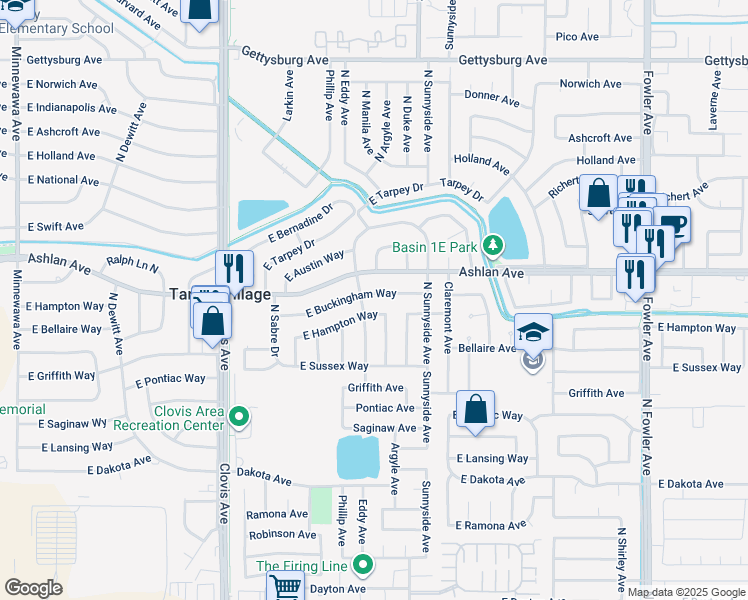 map of restaurants, bars, coffee shops, grocery stores, and more near 5737 East Buckingham Way in Fresno