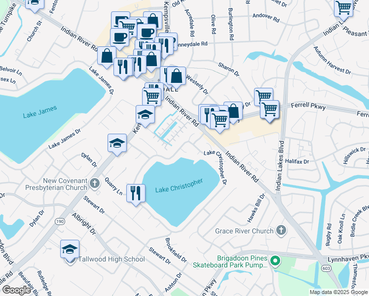 map of restaurants, bars, coffee shops, grocery stores, and more near 1452 Lake Christopher Drive in Virginia Beach