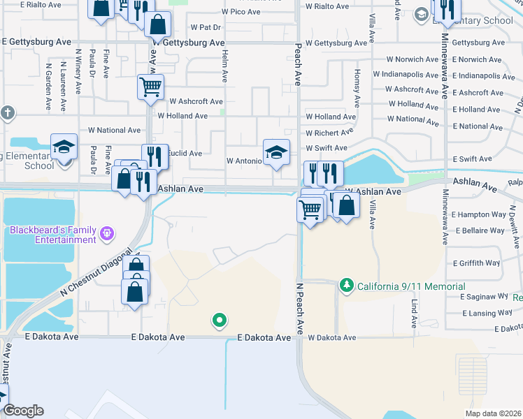 map of restaurants, bars, coffee shops, grocery stores, and more near 5138 East Ashlan Avenue in Fresno