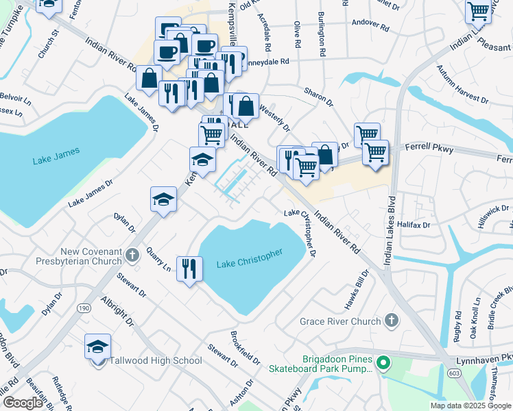 map of restaurants, bars, coffee shops, grocery stores, and more near 1452 Lake Christopher Drive in Virginia Beach