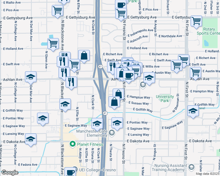 map of restaurants, bars, coffee shops, grocery stores, and more near 2324 East Ashlan Avenue in Fresno