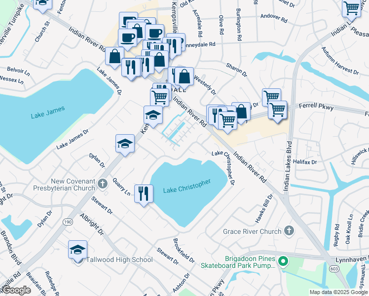 map of restaurants, bars, coffee shops, grocery stores, and more near 1453 Lake Christopher Drive in Virginia Beach