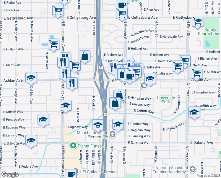 map of restaurants, bars, coffee shops, grocery stores, and more near 4136 North Thesta Street in Fresno