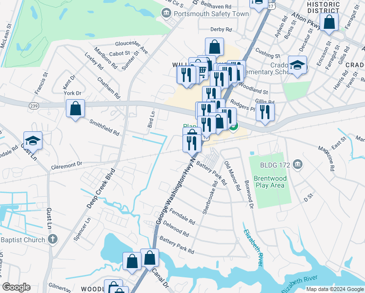map of restaurants, bars, coffee shops, grocery stores, and more near 5202 George Washington Highway in Portsmouth