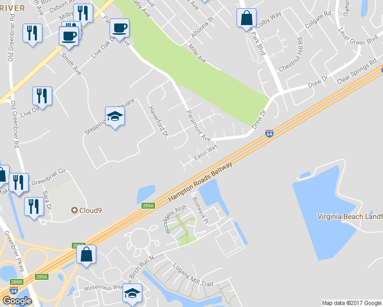 map of restaurants, bars, coffee shops, grocery stores, and more near 7 Thames Circle in Chesapeake