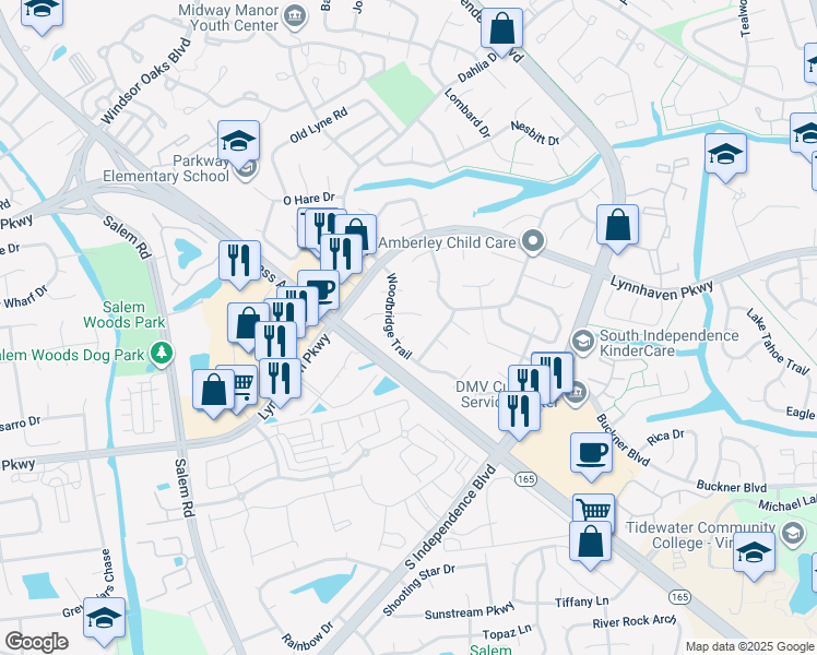 map of restaurants, bars, coffee shops, grocery stores, and more near 1404 Waterbury Place in Virginia Beach
