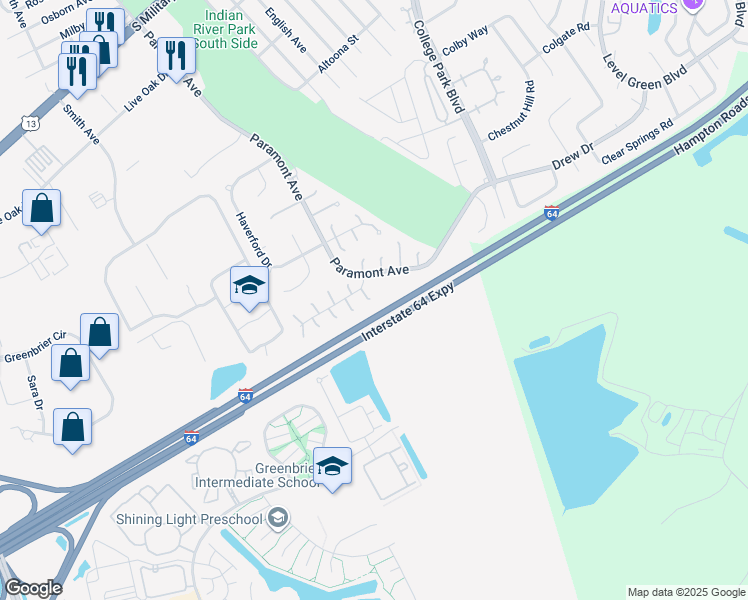 map of restaurants, bars, coffee shops, grocery stores, and more near 11 Mosely Circle in Chesapeake
