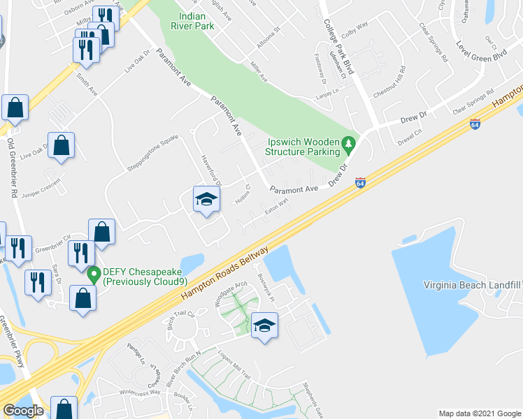 map of restaurants, bars, coffee shops, grocery stores, and more near 4 Upton Circle in Chesapeake