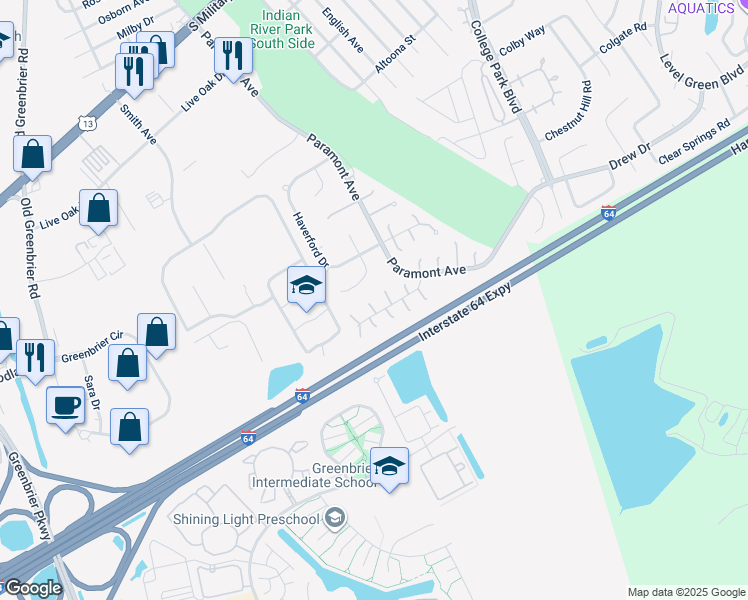 map of restaurants, bars, coffee shops, grocery stores, and more near 7 Thames Circle in Chesapeake