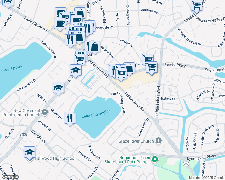 map of restaurants, bars, coffee shops, grocery stores, and more near 5109 Park Lake Court in Virginia Beach