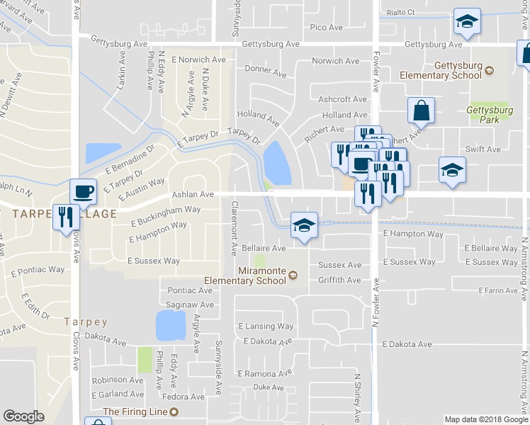 map of restaurants, bars, coffee shops, grocery stores, and more near 3247 Purdue Avenue in Clovis