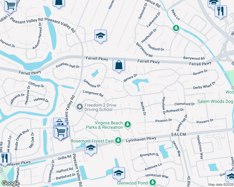 map of restaurants, bars, coffee shops, grocery stores, and more near 1513 Colbeck Court in Virginia Beach