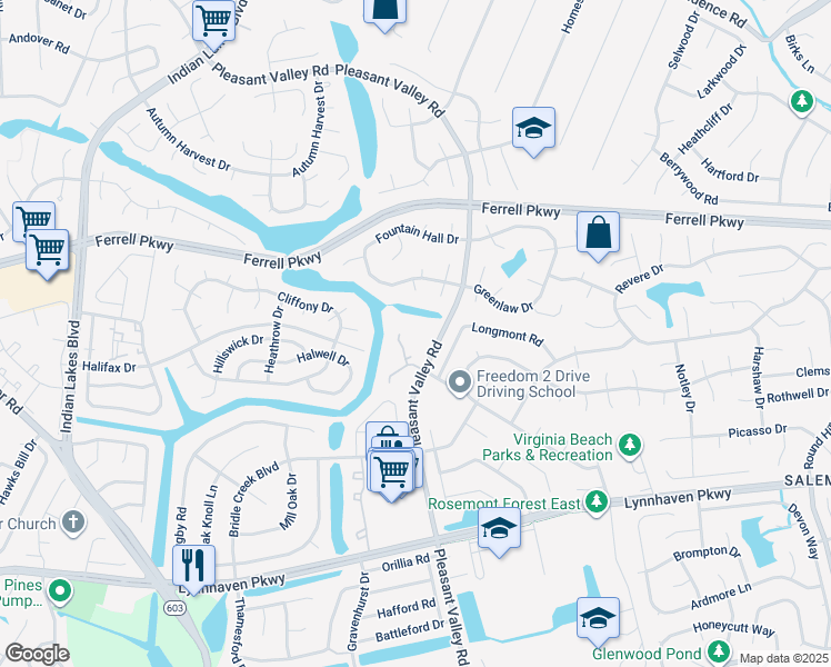 map of restaurants, bars, coffee shops, grocery stores, and more near 1456 Willow Pointe Court in Virginia Beach