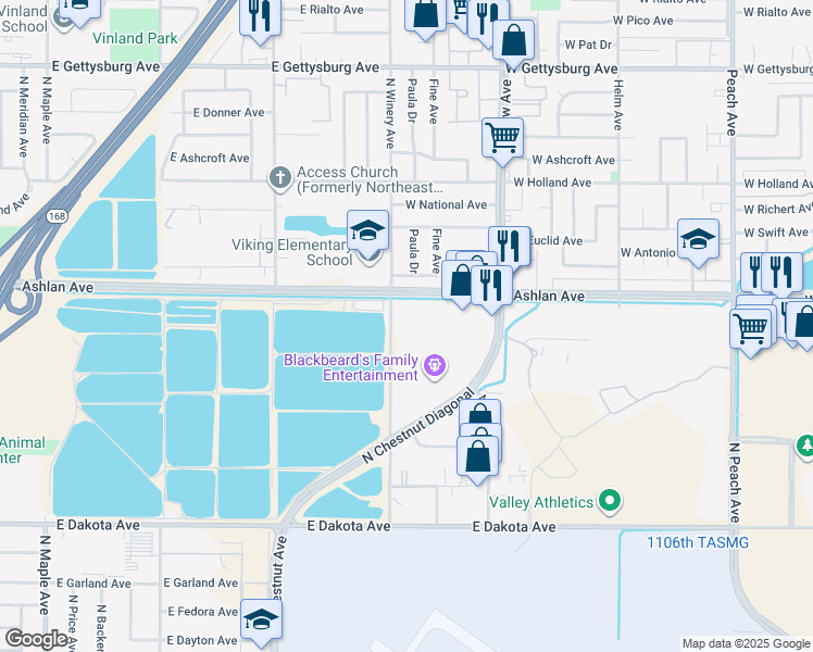 map of restaurants, bars, coffee shops, grocery stores, and more near 4912 East Blackbeard Lane in Fresno
