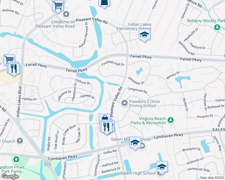 map of restaurants, bars, coffee shops, grocery stores, and more near 1424 Willow Pointe Court in Virginia Beach