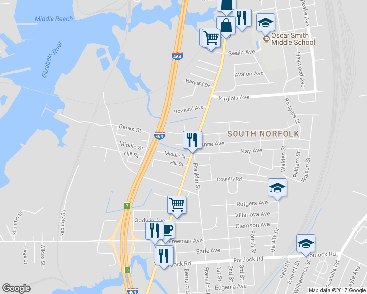 map of restaurants, bars, coffee shops, grocery stores, and more near 1006 Mayfield Avenue in Chesapeake