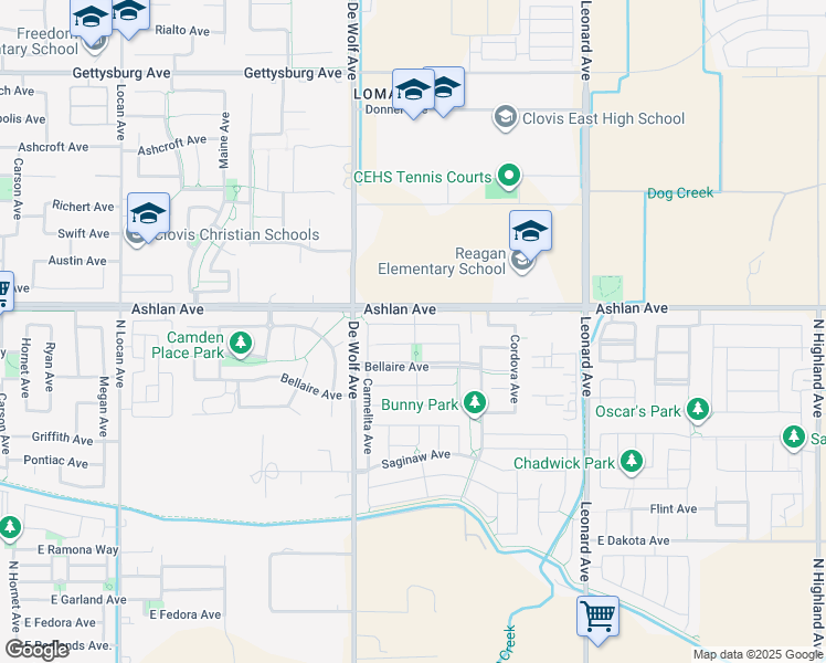 map of restaurants, bars, coffee shops, grocery stores, and more near 3521 Buckingham Avenue in Clovis