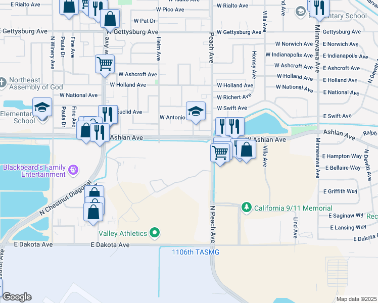 map of restaurants, bars, coffee shops, grocery stores, and more near 5164 East Ashlan Avenue in Fresno