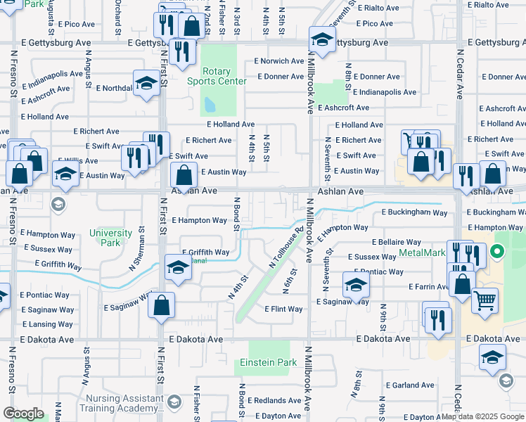 map of restaurants, bars, coffee shops, grocery stores, and more near 3476 East Ashlan Avenue in Fresno