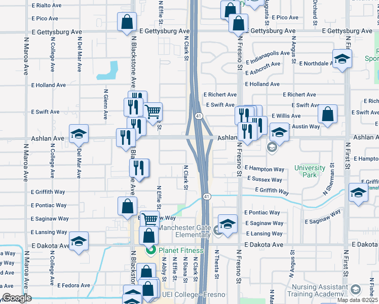 map of restaurants, bars, coffee shops, grocery stores, and more near 4140 North Clark Street in Fresno