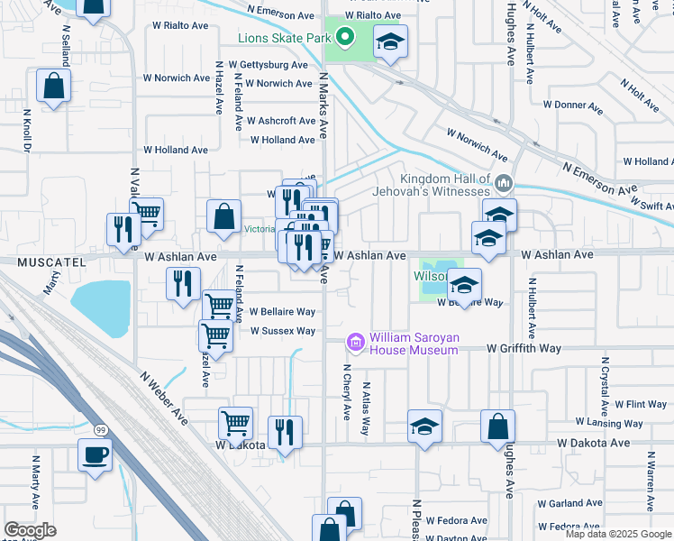 map of restaurants, bars, coffee shops, grocery stores, and more near 4023 North Marks Avenue in Fresno