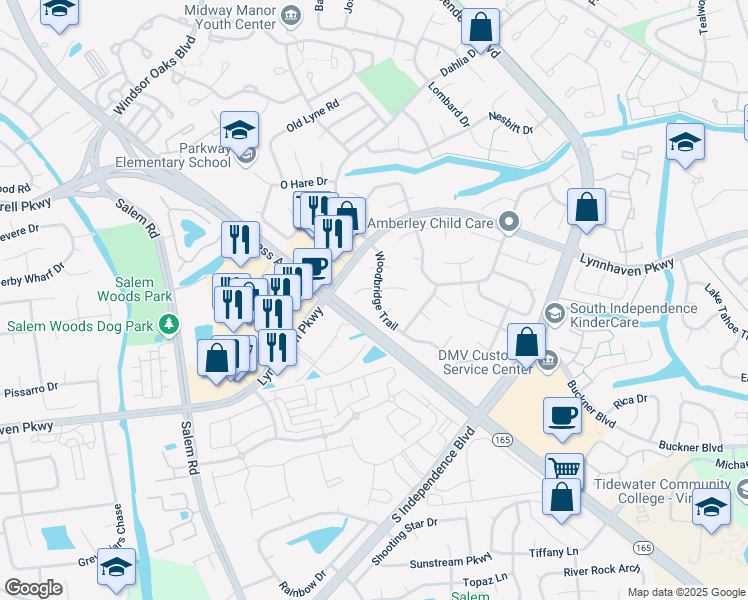 map of restaurants, bars, coffee shops, grocery stores, and more near 1508 Brookwood Crescent in Virginia Beach