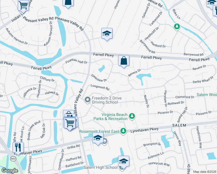 map of restaurants, bars, coffee shops, grocery stores, and more near 4647 Glanmire Drive in Virginia Beach