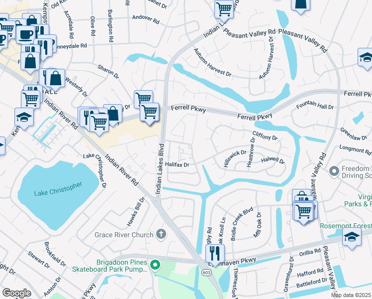 map of restaurants, bars, coffee shops, grocery stores, and more near 1408 Lake Geneve Drive in Virginia Beach