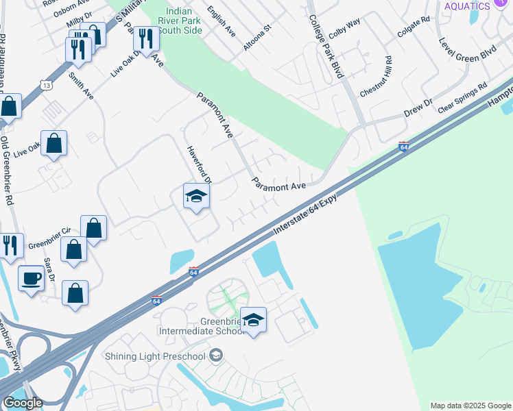 map of restaurants, bars, coffee shops, grocery stores, and more near 12 Upton Circle in Chesapeake