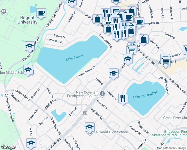 map of restaurants, bars, coffee shops, grocery stores, and more near 5653 Shinfield Drive in Virginia Beach
