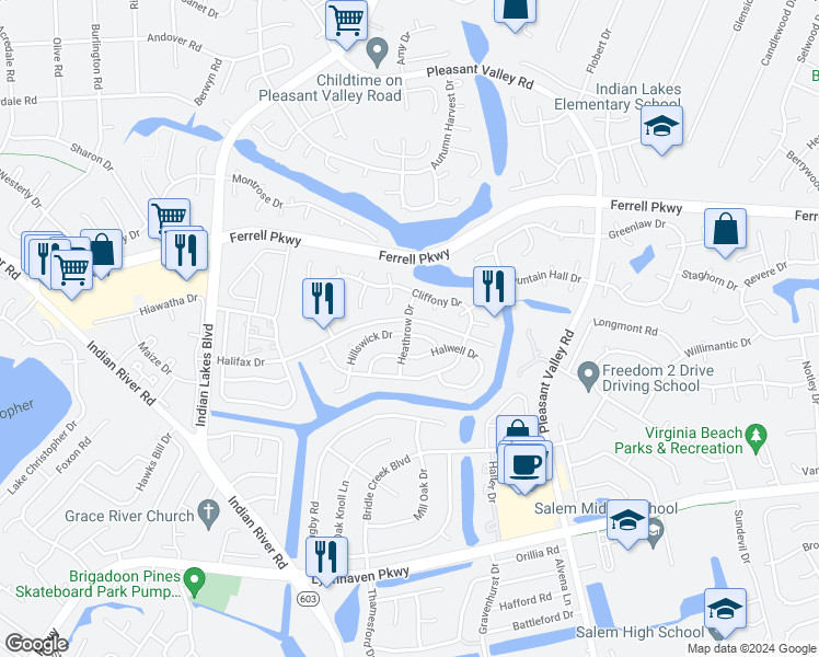 map of restaurants, bars, coffee shops, grocery stores, and more near 4974 Hillswick Drive in Virginia Beach