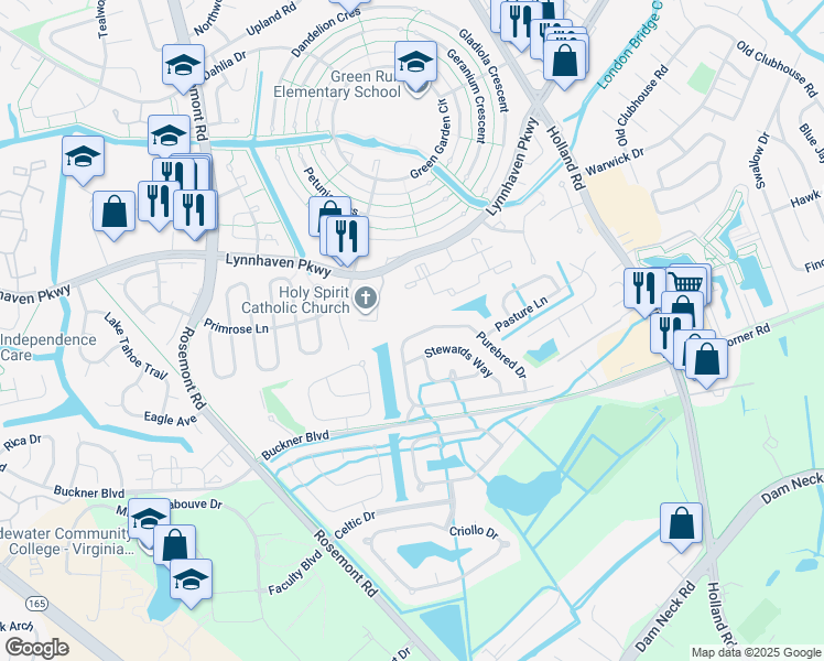 map of restaurants, bars, coffee shops, grocery stores, and more near 3709 Purebred Drive in Virginia Beach