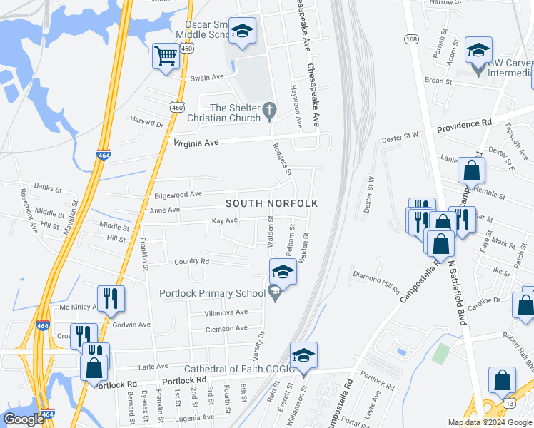 map of restaurants, bars, coffee shops, grocery stores, and more near 3008 Walden Street in Chesapeake