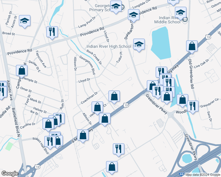 map of restaurants, bars, coffee shops, grocery stores, and more near 26 King George Quay in Chesapeake