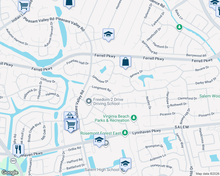 map of restaurants, bars, coffee shops, grocery stores, and more near 4647 Glanmire Drive in Virginia Beach