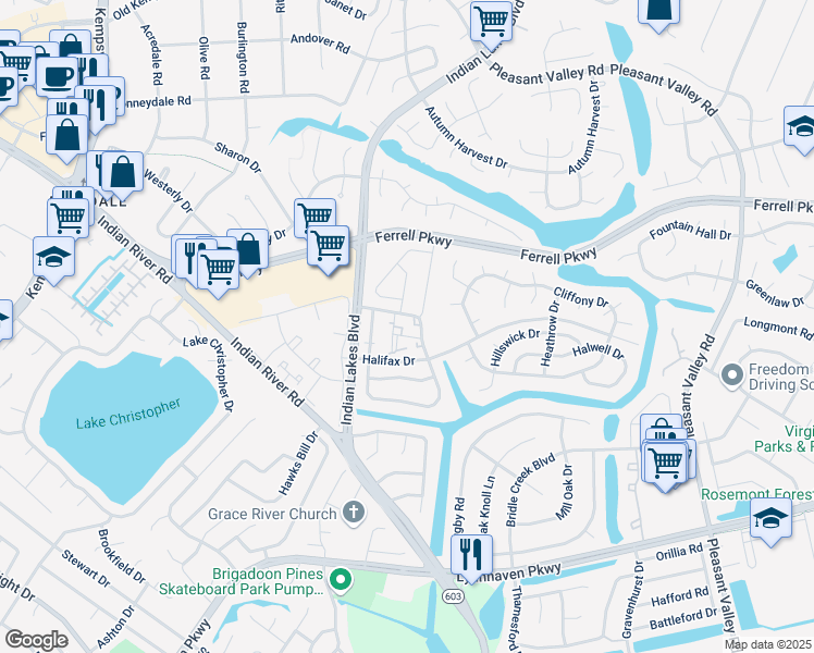 map of restaurants, bars, coffee shops, grocery stores, and more near 1408 Lake Geneve Drive in Virginia Beach