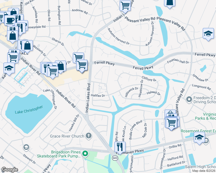 map of restaurants, bars, coffee shops, grocery stores, and more near 5242 Breezewood Arch in Virginia Beach