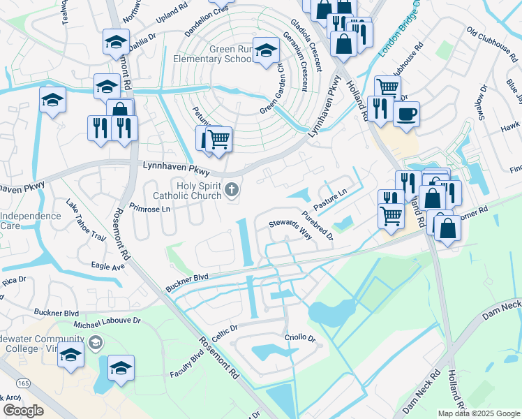 map of restaurants, bars, coffee shops, grocery stores, and more near 3709 Purebred Drive in Virginia Beach