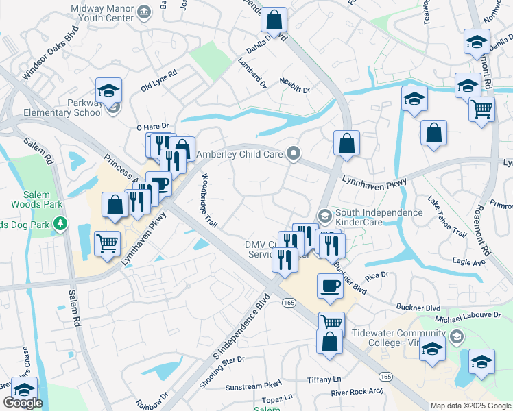 map of restaurants, bars, coffee shops, grocery stores, and more near 1501 Amberley Forest Road in Virginia Beach
