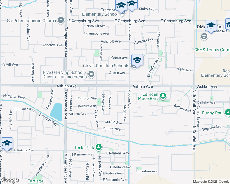 map of restaurants, bars, coffee shops, grocery stores, and more near 2931 Buckingham Avenue in Clovis