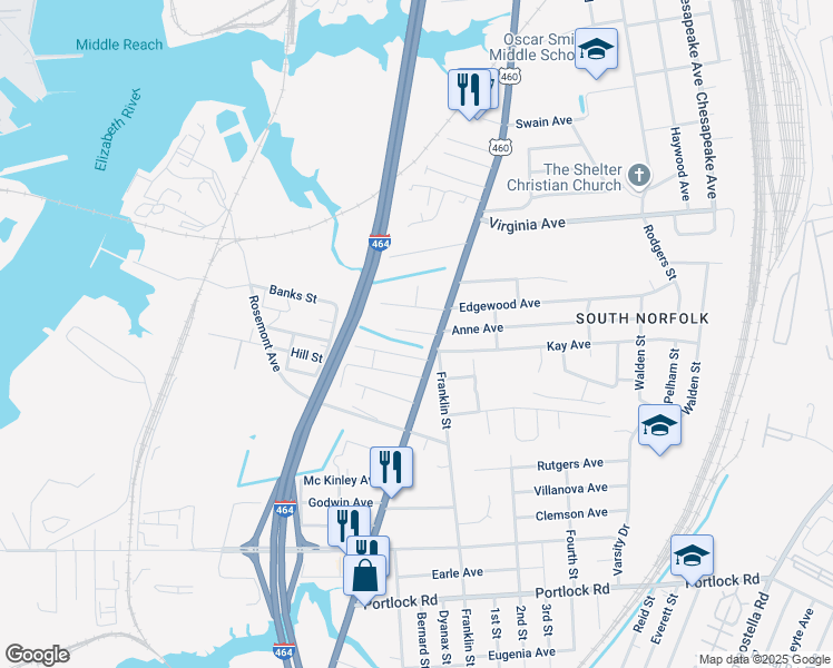 map of restaurants, bars, coffee shops, grocery stores, and more near 1006 Mayfield Avenue in Chesapeake