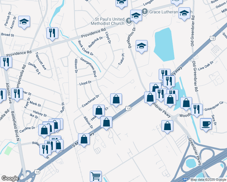 map of restaurants, bars, coffee shops, grocery stores, and more near 2105 Cherryhill Lane in Chesapeake